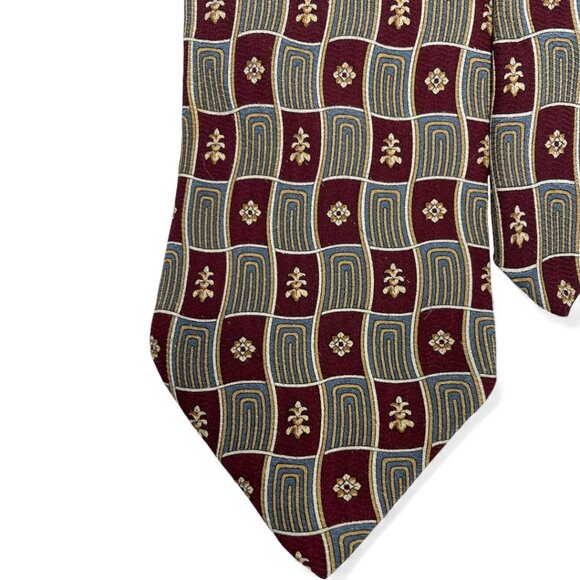Essex Row Silk Tie Geometric Vintage Burgundy Red Blue Tan - Picture 3 of 6